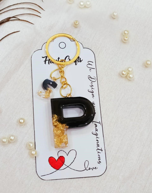 Haute Crafts Black & Golden ("P")- with Small P, Resin Alphabet Initial Letter Keychain Key Ring for Women Girls Purse Handbags, Bike, Car Keyring ("P")