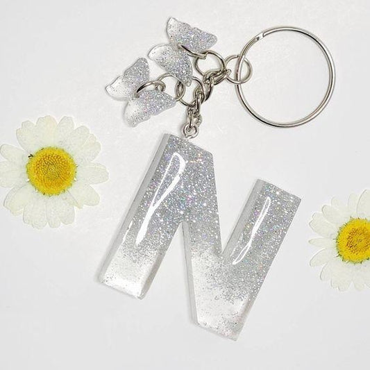 Haute Crafts Giltery Shiny  Silver( "N")- with small Butterfly, Resin Alphabet Initial Letter Keychain Key Ring for Women Girls Purse Handbags, Bike, Car Keyring ("N")