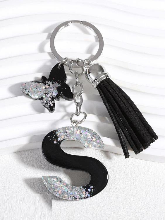 Haute Crafts Black & Shiny Silver With Small Butterfly ("S") Resin Alphabet Initial Letter Keychain Key Ring for Women Girls Purse Handbags ("S")