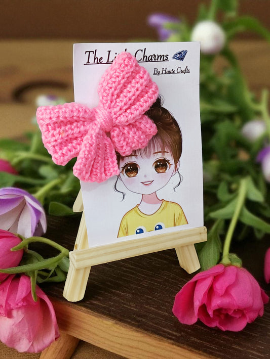 Handmade Crochet Pink Bow Hair Accessories, Large Knit Ribbon Bows,Pack -2