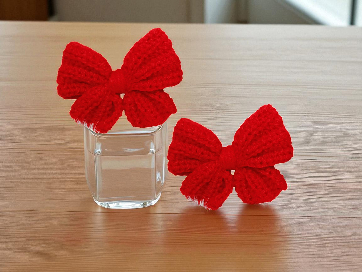 Handmade Crochet Red Bow Hair Accessories, Large Knit Ribbon Bows,Pack -2