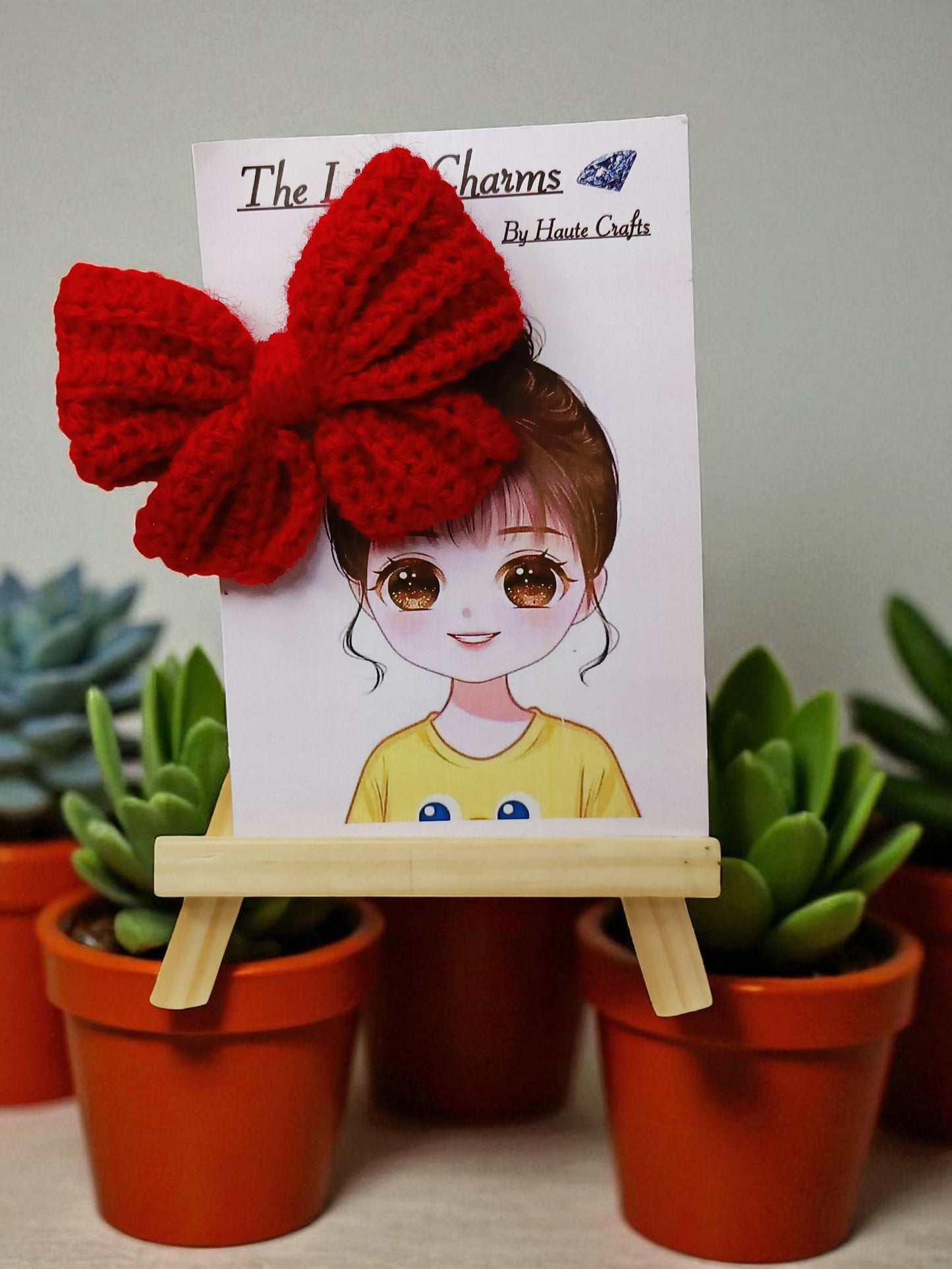 Handmade Crochet Red Bow Hair Accessories, Large Knit Ribbon Bows,Pack -2