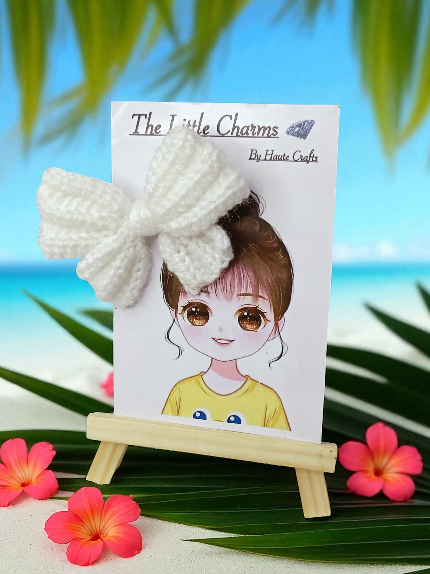 Handmade Crochet White Bow Hair Accessories, Large Knit Ribbon Bows,Pack -2