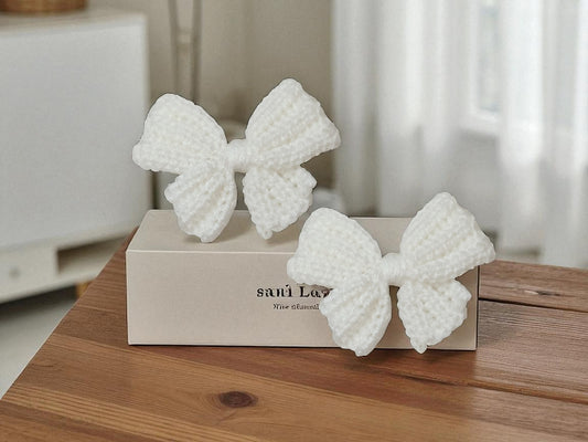 Handmade Crochet White Bow Hair Accessories, Large Knit Ribbon Bows,Pack -2