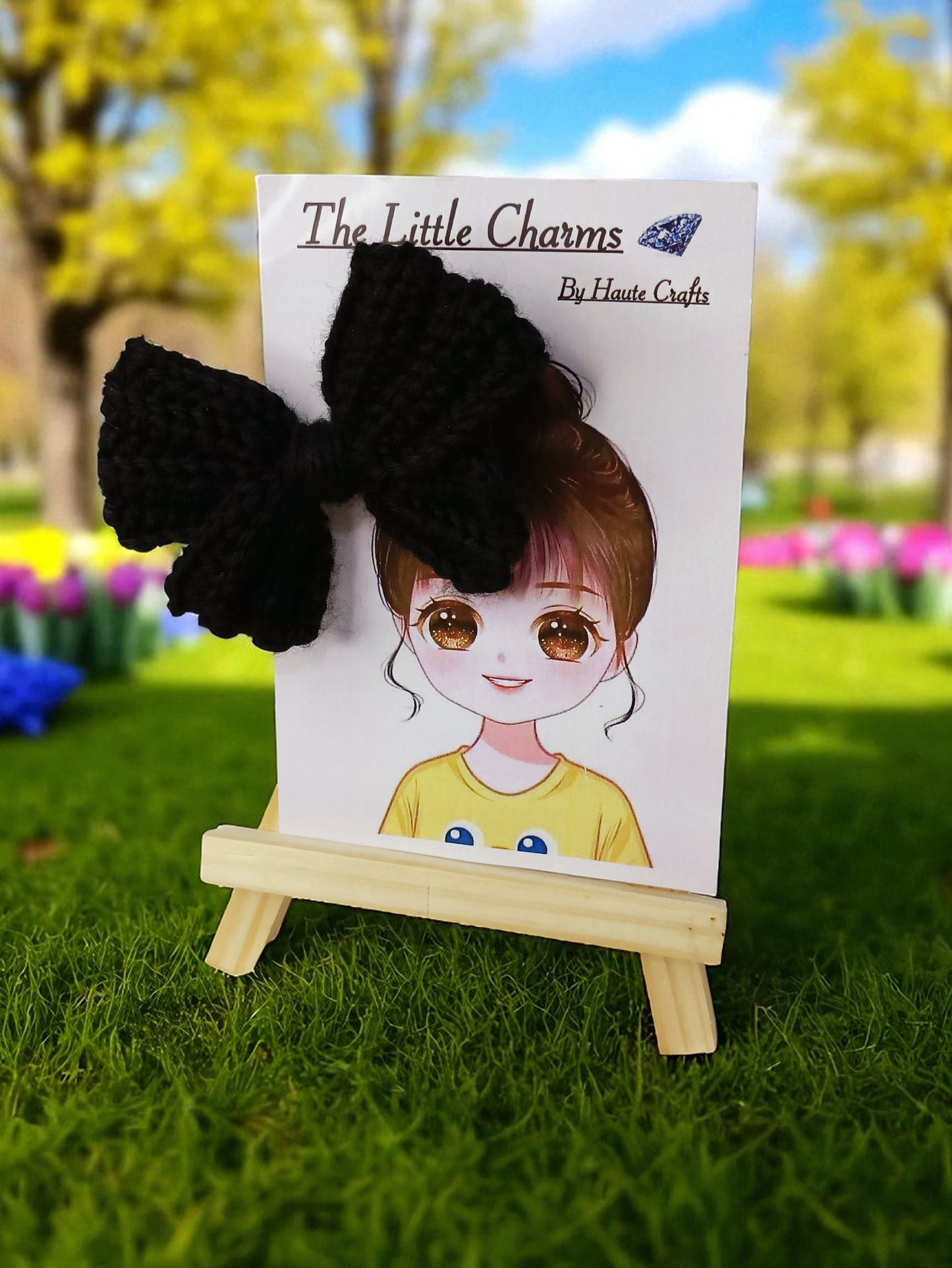 Handmade Crochet Black Bow Hair Accessories, Large Knit Ribbon Bows,Pack -2
