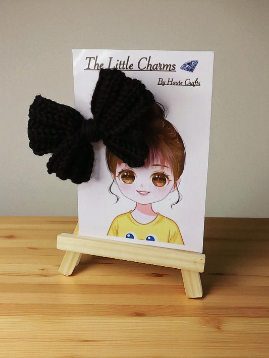 Handmade Crochet Black Bow Hair Accessories, Large Knit Ribbon Bows,Pack -2