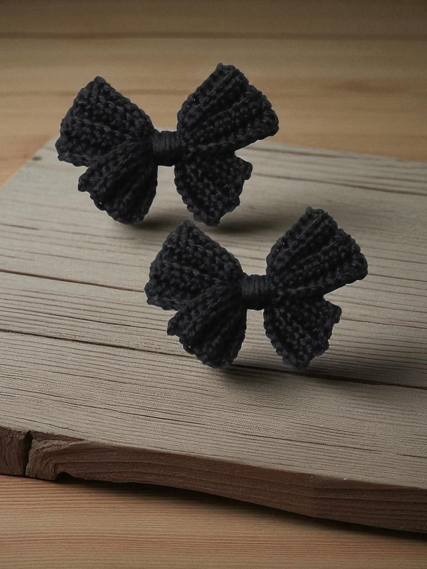 Handmade Crochet Black Bow Hair Accessories, Large Knit Ribbon Bows,Pack -2