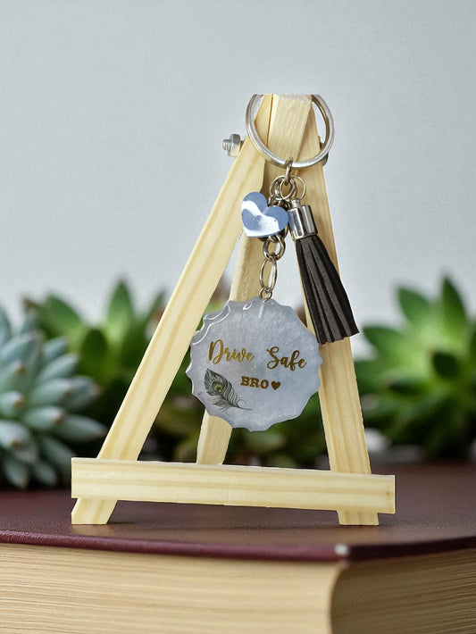 Haute Crafts "Drive Safe Bro" Theme Keychain - Resin Alphabet Initial Letter Keychain Key Ring for Women Girls Purse Handbags, Bike, Car Keyring.Home, Small Gifts