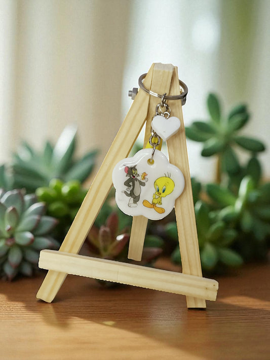 Haute Crafts "Tom & Jerry & Tweety" Theme Keychain - Resin Alphabet Initial Letter Keychain Key Ring for Women Girls Purse Handbags, Bike, Car Keyring.Home, Small Gifts