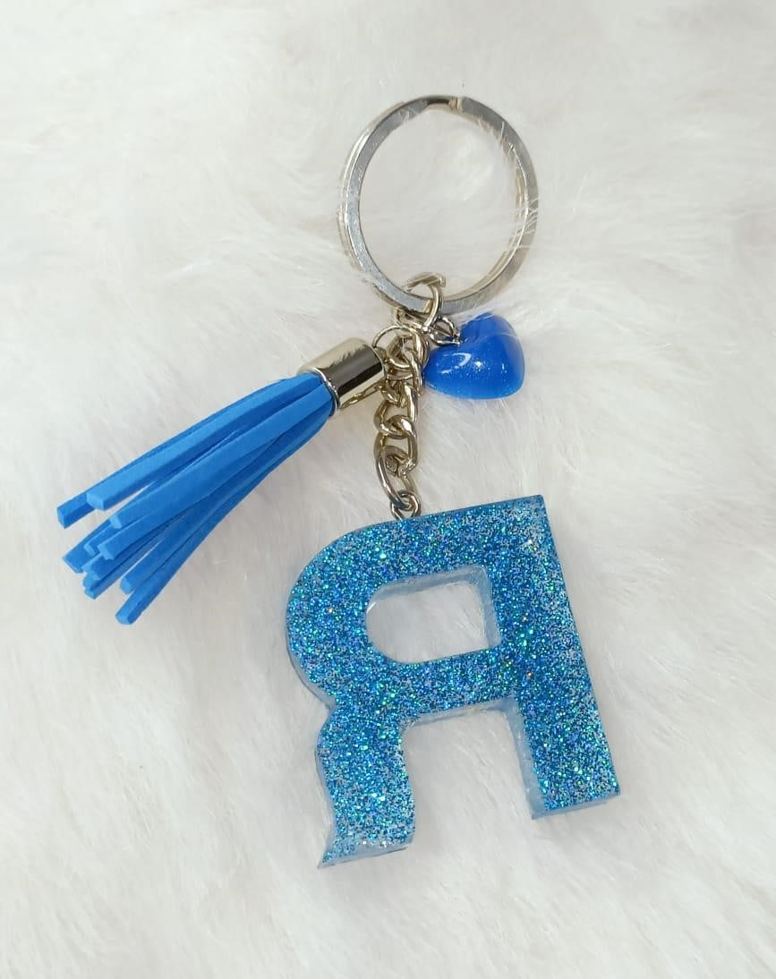 Haute Crafts Shiny Glittery Blue ("R")- with small Heart & Blue Tassel, Resin Alphabet Initial Letter Keychain Key Ring for Women Girls Purse Handbags, Bike, Car Keyring, Home, Small Gifts, ("R")