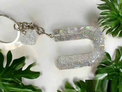 Haute Crafts Shiny Glittery Silver ("U")- with Big Heart, Resin Alphabet Initial Letter Keychain Key Ring for Women Girls Purse Handbags, Bike, Car Keyring ("U")