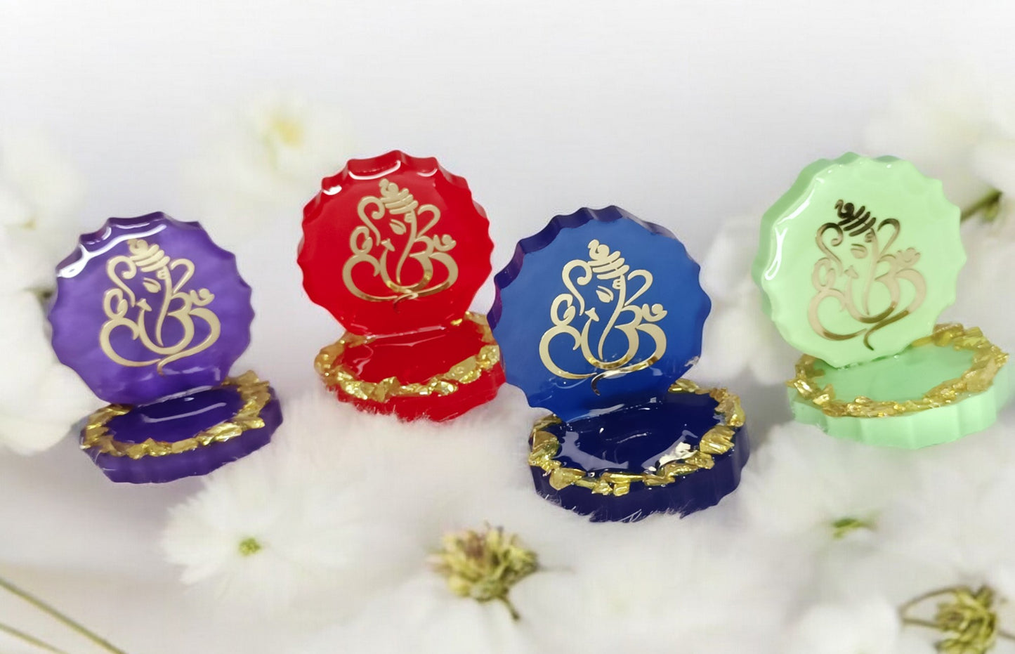 Haute Crafts 2.5 Inch Resin art Handcrafted Premium "Ganesh ji " with Gold Crystal Texture for Car Dashboard, Home Decor, Puja Ghar and Gifting.