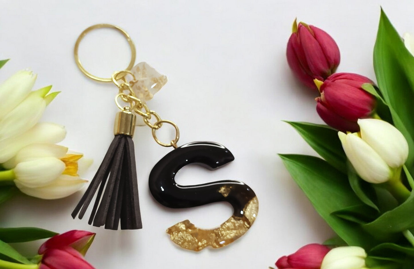 Haute Crafts Shiny Black & Golden ("S")- with small Heart & Tassel, Resin Alphabet Initial Letter Keychain Key Ring for Women Girls Purse Handbags, Bike, Car Keyring ("S")