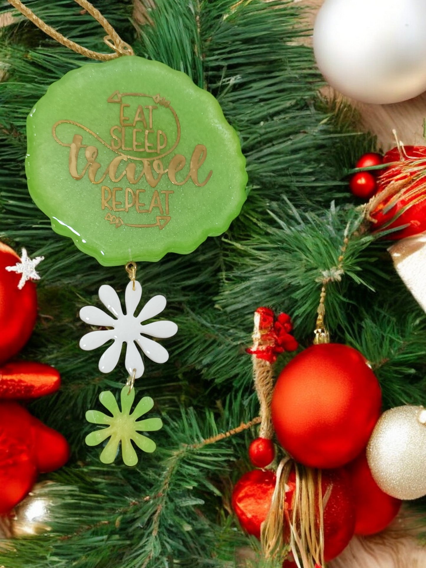 3D " EAT SLEEP TRAVEL REPEAT " Car Hanging for Positivity (Can be Used as Home Decor, satsang Gifting, Wall Hangings, Meditation Room, Yoga Temple, Wind Chime) 1pc