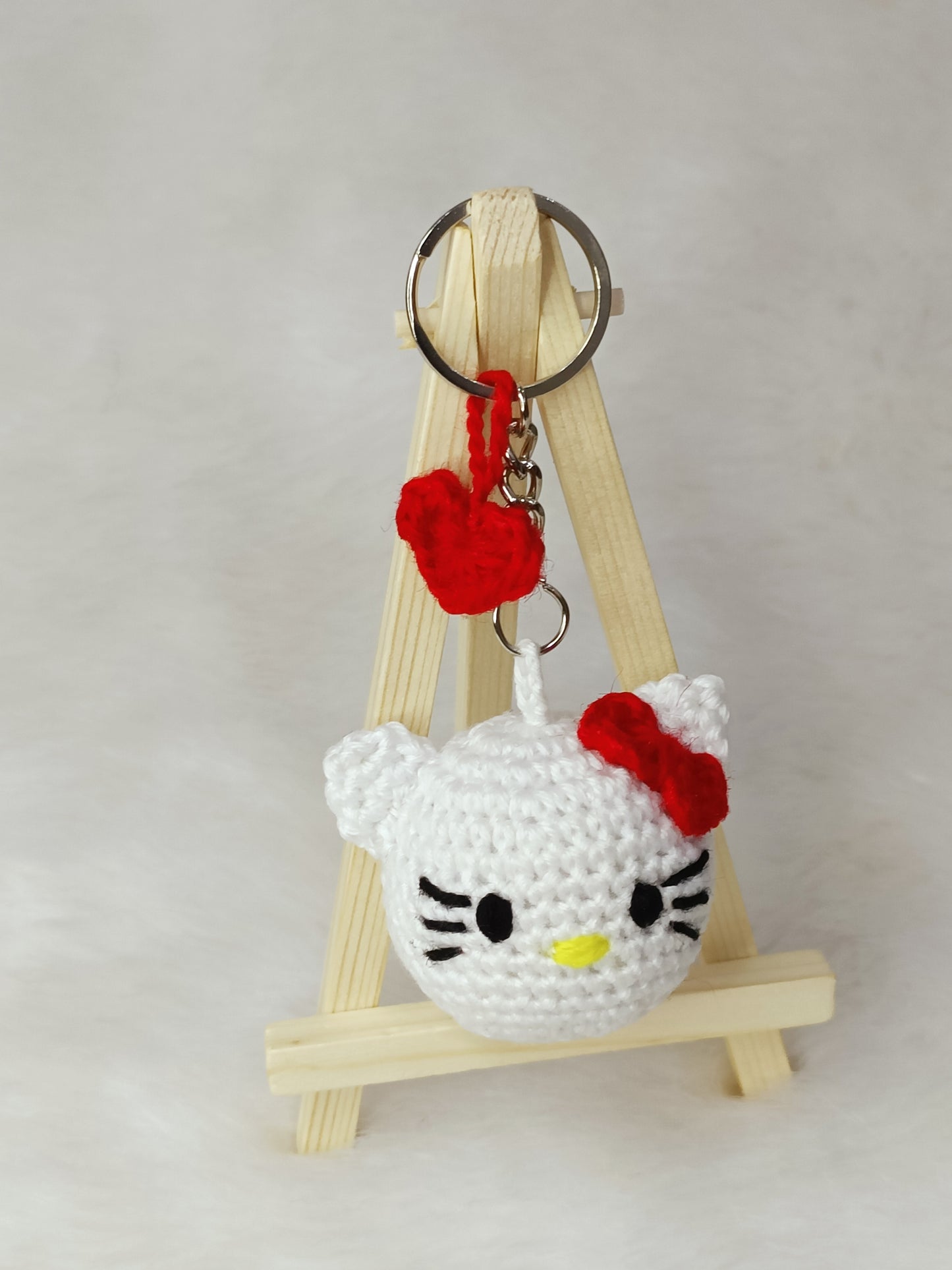 Haute Crafts Handmade Crochet Cute Kitty Keychain  with Red Bow (Washable Keychain)