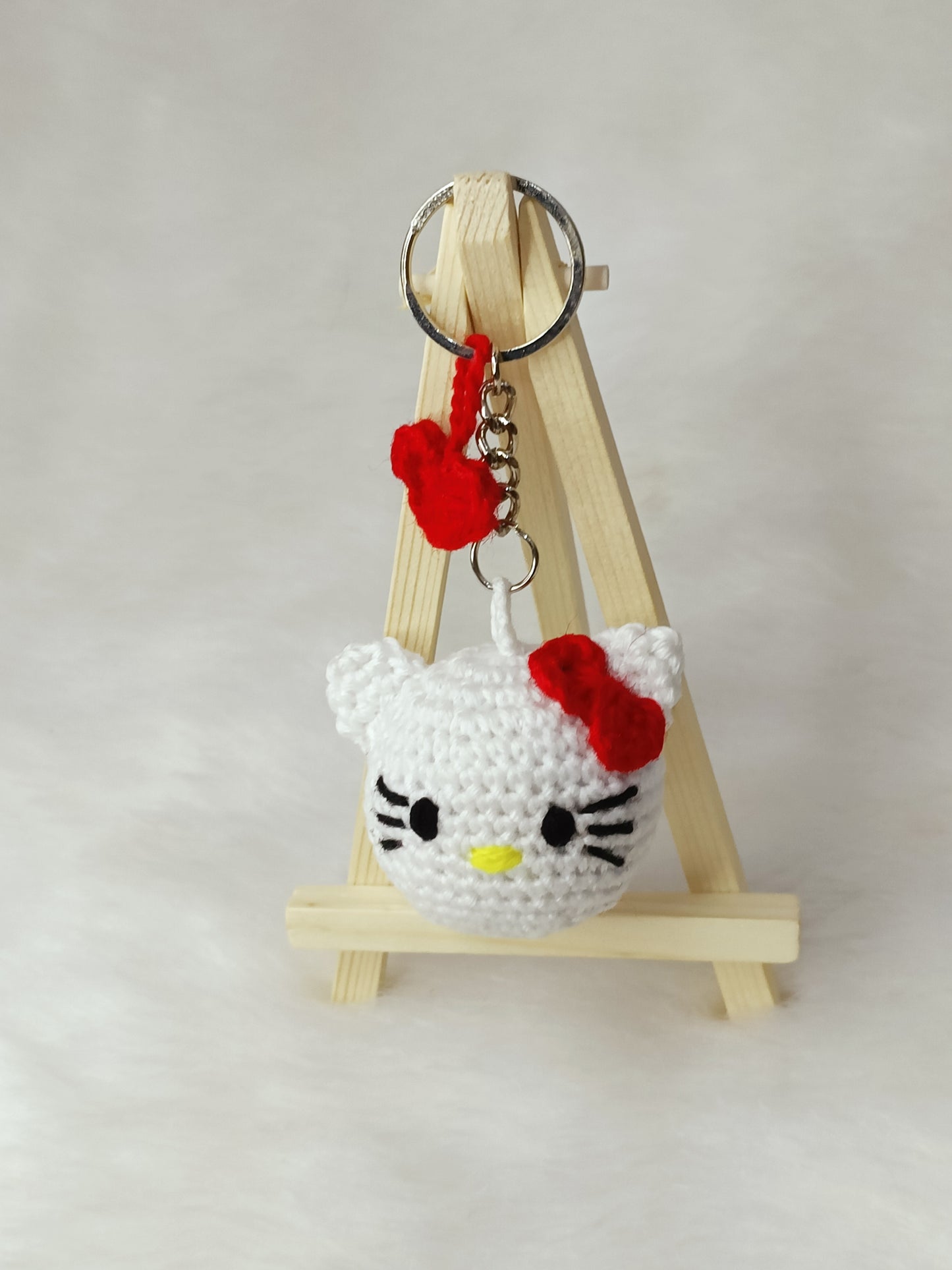 Haute Crafts Handmade Crochet Cute Kitty Keychain  with Red Bow (Washable Keychain)