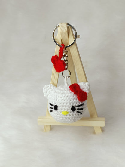 Haute Crafts Handmade Crochet Cute Kitty Keychain  with Red Bow (Washable Keychain)