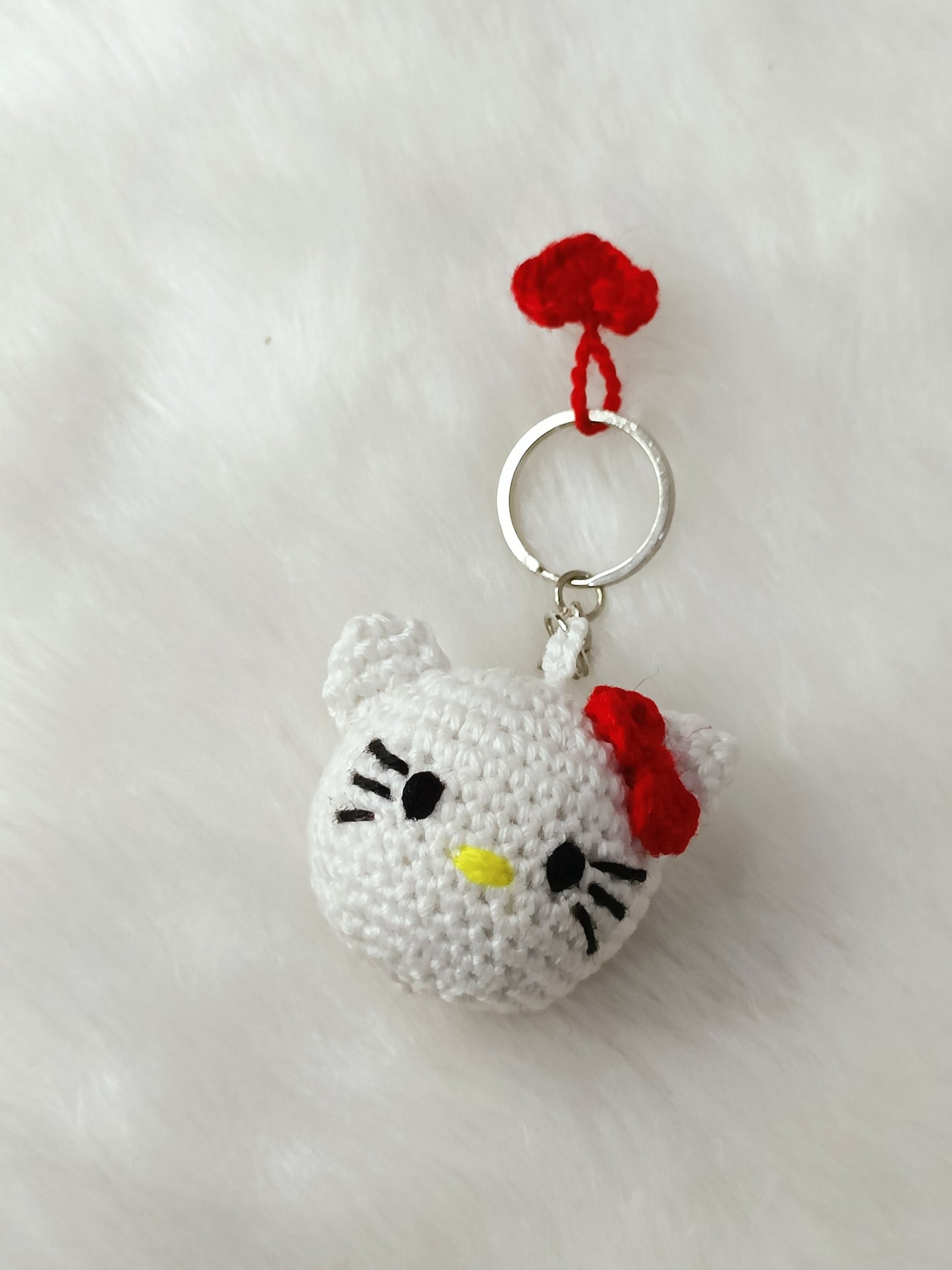 Haute Crafts Handmade Crochet Cute Kitty Keychain  with Red Bow (Washable Keychain)