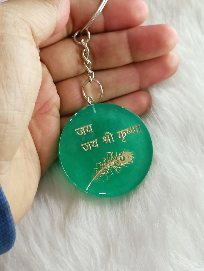 Haute Crafts "Jai Shree Krishna" Theme Keychain - Resin Alphabet Initial Letter Keychain Key Ring for Women Girls Purse Handbags, Bike, Car Keyring.Home, Small Gifts 