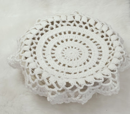 Haute Crafts Handcrafted Crochet Thalposh, Woolen Puja Thali Cover for Temple, Thal Posh Plate Cover (White, 16'' Round)