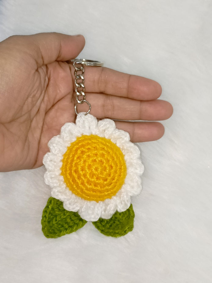 Haute Crafts Handmade Crochet Cute White Sunflower Keychain (Washable Keychain)