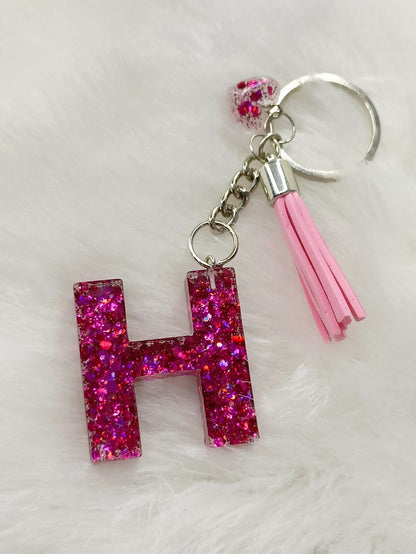 Haute Crafts Shiny Glittery Pink ("H")- with small Heart & Tassel, Resin Alphabet Initial Letter Keychain Key Ring for Women Girls Purse Handbags, Bike, Car Keyring ("H")