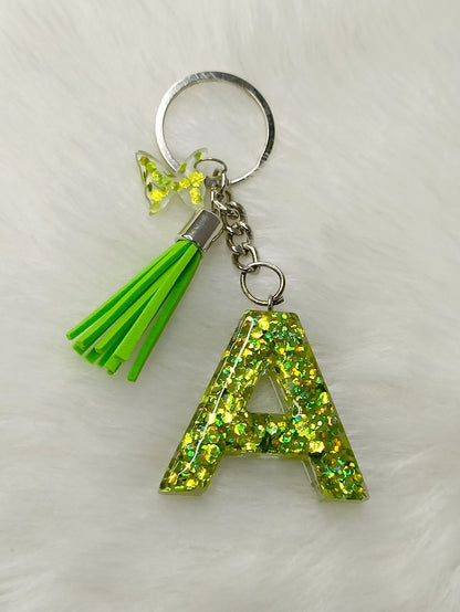 Haute Crafts Shiny Glittery Green ("A")- with small Butterfly & Tassel, Resin Alphabet Initial Letter Keychain Key Ring for Women Girls Purse Handbags, Bike, Car Keyring ("A")