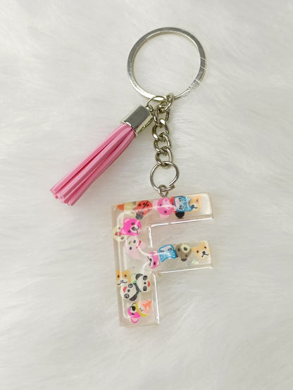 Haute Crafts Teddy Bear Theme ("F")- with Tassel, Resin Alphabet Initial Letter Keychain Key Ring for Women Girls Purse Handbags, Bike, Car Keyring ("F")