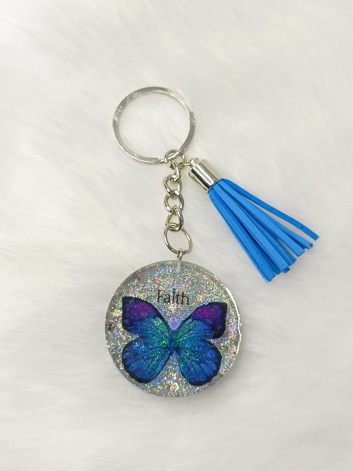 Haute Crafts "Faith with Butterfly" Theme Keychain - Resin Alphabet Initial Letter Keychain Key Ring for Women Girls Purse Handbags, Bike, Car Keyring.Home, Small Gifts 