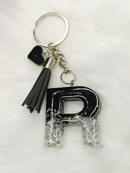 Haute Crafts Shiny Black & Silver ("R")- with small Heart & Tassel, Resin Alphabet Initial Letter Keychain Key Ring for Women Girls Purse Handbags, Bike, Car Keyring ("R")