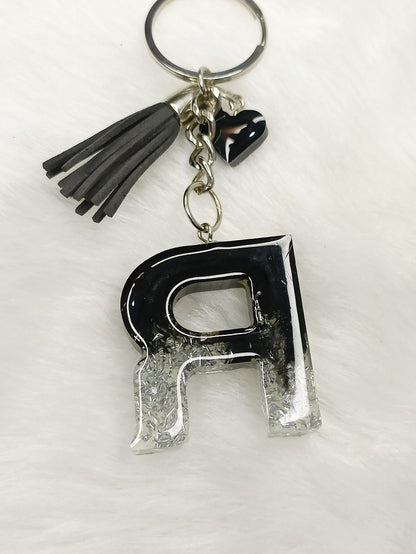 Haute Crafts Shiny Black & Silver ("R")- with small Heart & Tassel, Resin Alphabet Initial Letter Keychain Key Ring for Women Girls Purse Handbags, Bike, Car Keyring ("R")