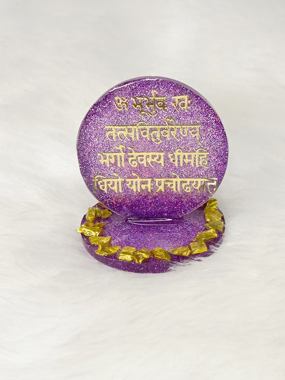 Haute Crafts 2 Inch Resin art Handcrafted Premium "Gayatri Mantra " with Gold Crystal Texture for Car Dashboard, Home Decor, Puja Ghar and Gifting.