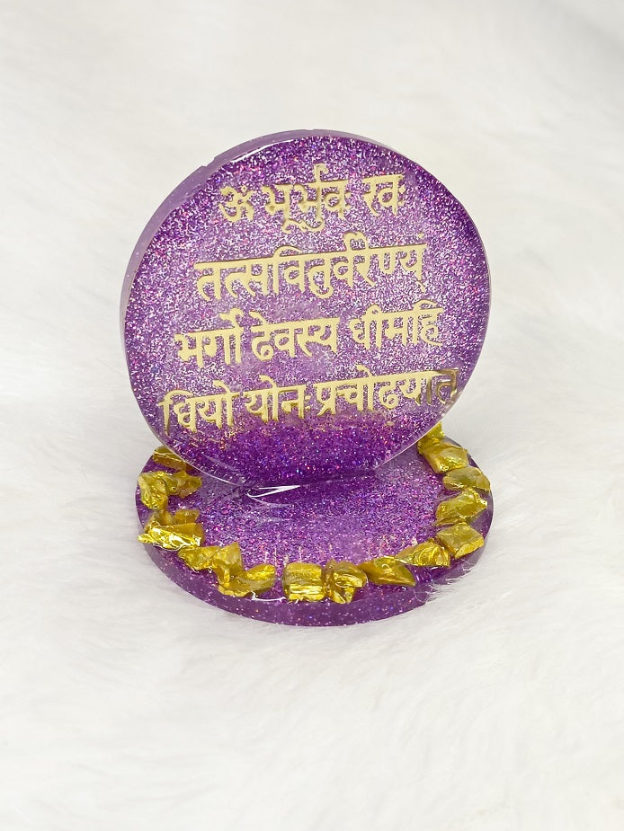 Haute Crafts 2 Inch Resin art Handcrafted Premium "Gayatri Mantra " with Gold Crystal Texture for Car Dashboard, Home Decor, Puja Ghar and Gifting.