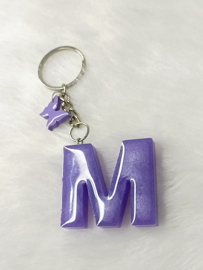 Haute Crafts Glass Shiny Purple ("M")- with small Butterfly, Resin Alphabet Initial Letter Keychain Key Ring for Women Girls Purse Handbags, Bike, Car Keyring ("M")