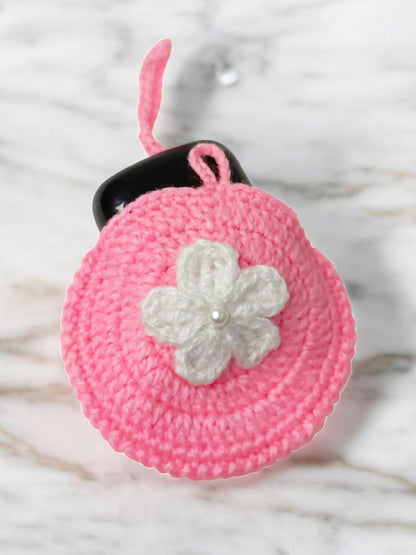 Haute Crafts Handmade Crochet Pouch with Flower Design, Crocheted Earphone Pouch,  Small Things & Multi Purpose Pouch, (Pink)