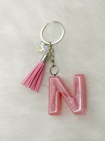 Haute Crafts Glass Shiny Pink ("N")- with small Heart & Tassel, Resin Alphabet Initial Letter Keychain Key Ring for Women Girls Purse Handbags, Bike, Car Keyring ("N"