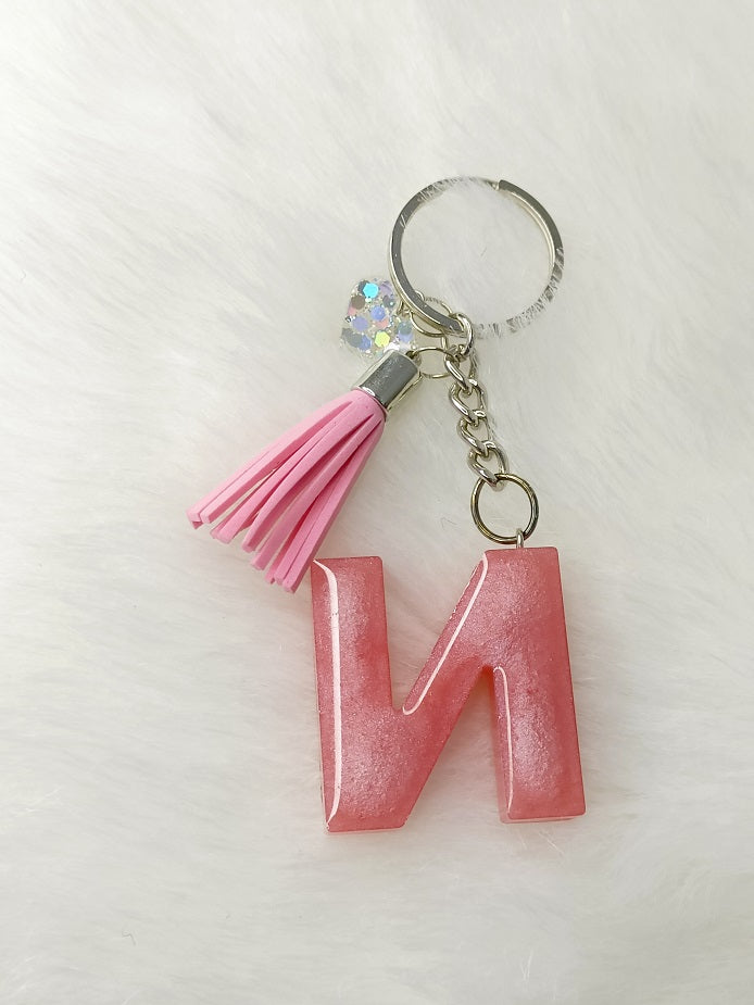 Haute Crafts Glass Shiny Pink ("N")- with small Heart & Tassel, Resin Alphabet Initial Letter Keychain Key Ring for Women Girls Purse Handbags, Bike, Car Keyring ("N"