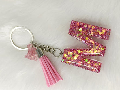 Haute Crafts Giltery Shiny Pink ("M")- with small Butterfly& Tassel, Resin Alphabet Initial Letter Keychain Key Ring for Women Girls Purse Handbags, Bike, Car Keyring ("M")