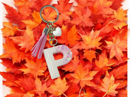 Haute Crafts Glass Shiny Pink & White ("P")- with small Heart & Tassel, Resin Alphabet Initial Letter Keychain Key Ring for Women Girls Purse Handbags, Bike, Car Keyring ("P")