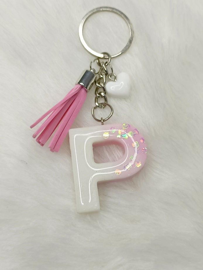 Haute Crafts Glass Shiny Pink & White ("P")- with small Heart & Tassel, Resin Alphabet Initial Letter Keychain Key Ring for Women Girls Purse Handbags, Bike, Car Keyring ("P")