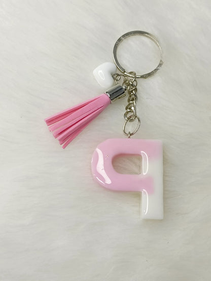 Haute Crafts Glass Shiny Pink & White ("P")- with small Heart & Tassel, Resin Alphabet Initial Letter Keychain Key Ring for Women Girls Purse Handbags, Bike, Car Keyring ("P")