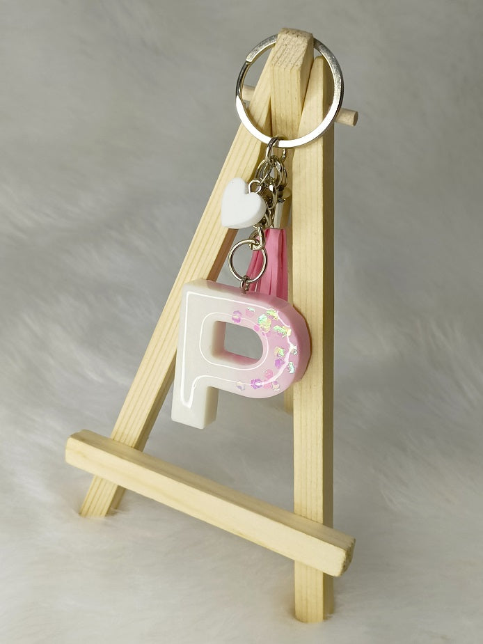 Haute Crafts Glass Shiny Pink & White ("P")- with small Heart & Tassel, Resin Alphabet Initial Letter Keychain Key Ring for Women Girls Purse Handbags, Bike, Car Keyring ("P")