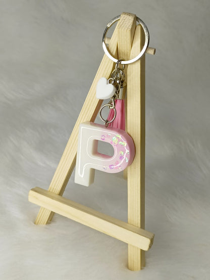 Haute Crafts Glass Shiny Pink & White ("P")- with small Heart & Tassel, Resin Alphabet Initial Letter Keychain Key Ring for Women Girls Purse Handbags, Bike, Car Keyring ("P")