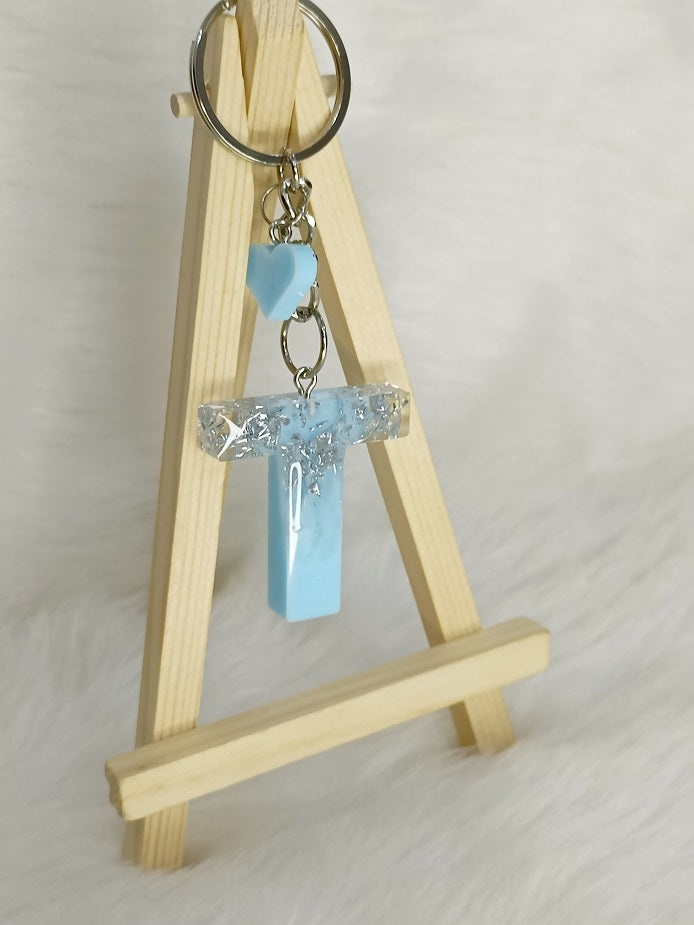 Haute Crafts Shiny Silver & Sky Blue ("T")- with small Heart, Resin Alphabet Initial Letter Keychain Key Ring for Women Girls Purse Handbags, Bike, Car Keyring ("T")