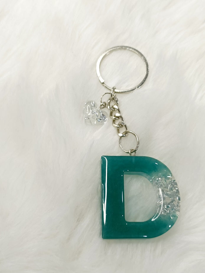 Haute Crafts Shiny Silver & Peacock ("D")- with Small Heart, Resin Alphabet Initial Letter Keychain Key Ring for Women Girls Purse Handbags, Bike, Car Keyring ("D")