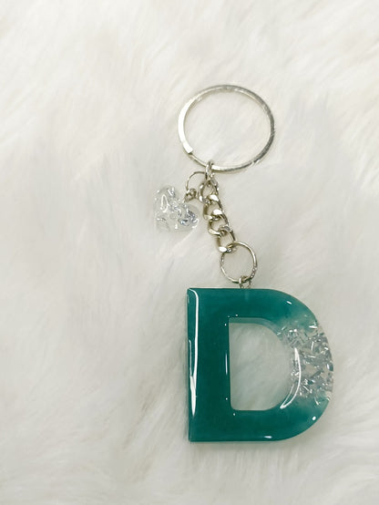 Haute Crafts Shiny Silver & Peacock ("D")- with Small Heart, Resin Alphabet Initial Letter Keychain Key Ring for Women Girls Purse Handbags, Bike, Car Keyring ("D")