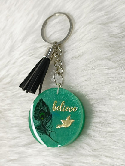 Haute Crafts "Believe " Theme Keychain - Resin Alphabet Initial Letter Keychain Key Ring for Women Girls Purse Handbags, Bike, Car Keyring.Home, Small Gifts