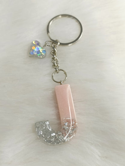 Haute Crafts Baby Pink & Sliver ("J")- with Small Heart, Resin Alphabet Initial Letter Keychain Key Ring for Women Girls Purse Handbags, Bike, Car Keyring ("J")