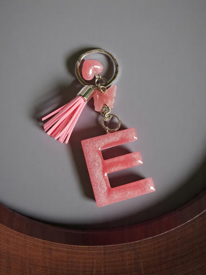 Haute Crafts Shiny Pink ("E") with Small Heart and Tassel & Butterfly Resin Alphabet Initial Letter Keychain Key Ring for Women Girls Purse Handbags, Bike, Car Keyring ("E")