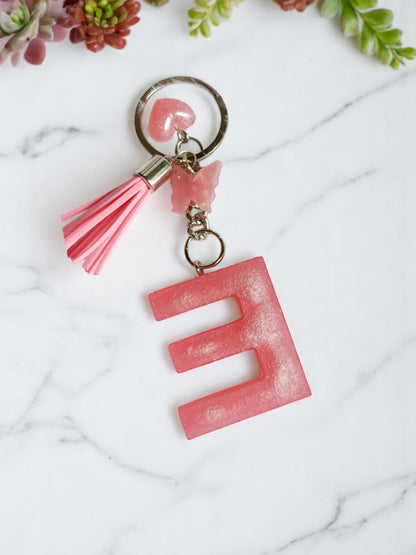Haute Crafts Shiny Pink ("E") with Small Heart and Tassel & Butterfly Resin Alphabet Initial Letter Keychain Key Ring for Women Girls Purse Handbags, Bike, Car Keyring ("E")